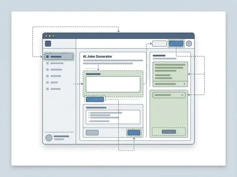 Annotated wireframe of an AI joke generator interface featuring input fields and interactive controls