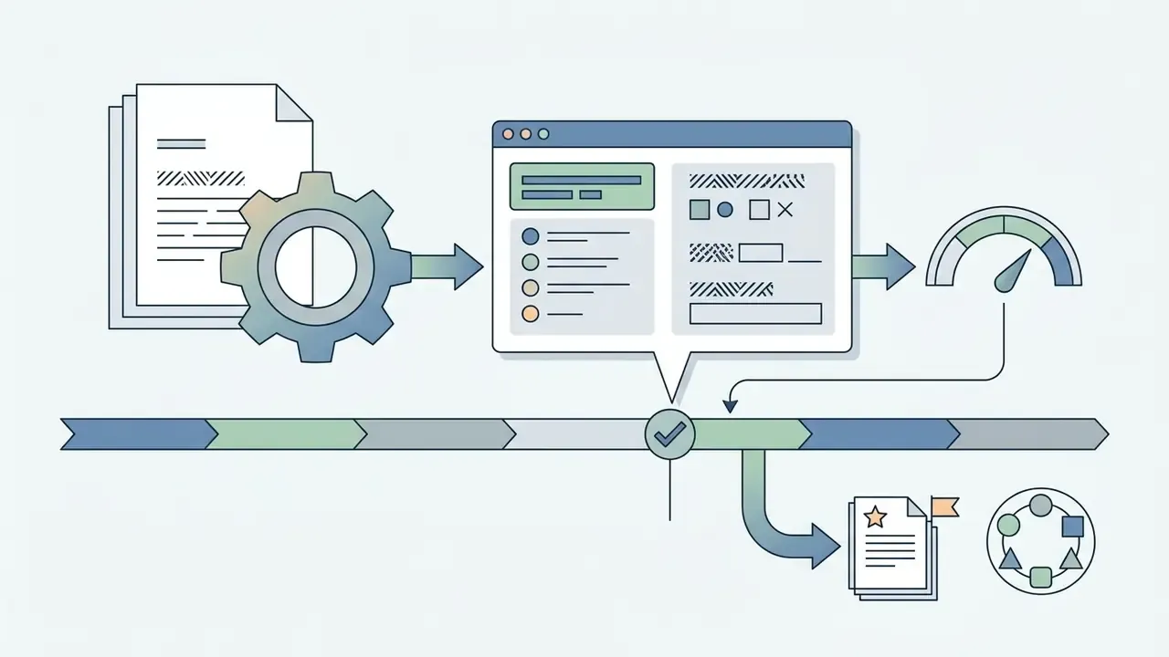 Documents and gears feeding into a quiz interface that connects to a timeline and assessment symbols