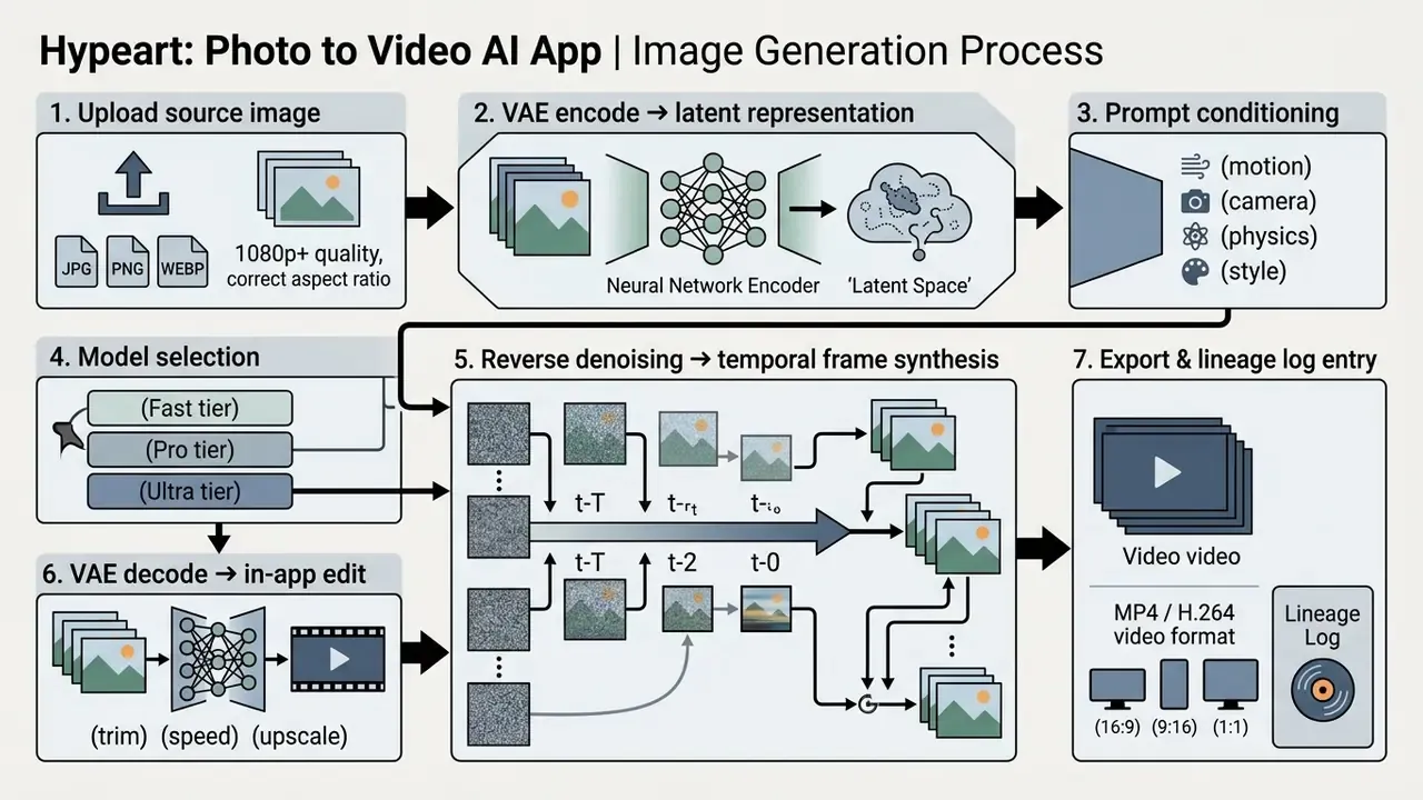 Flowchart detailing the seven steps of a photo to video AI app from image upload to final video export