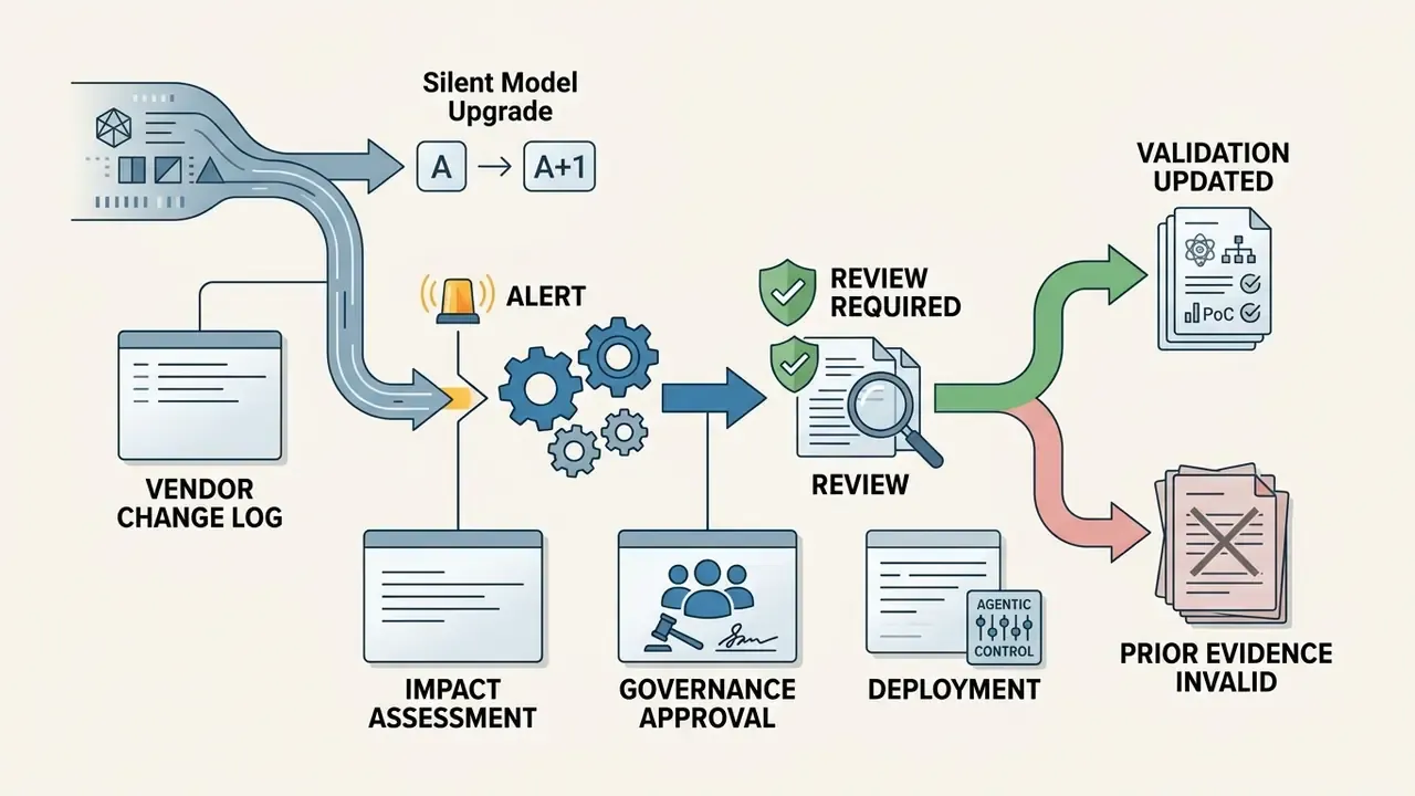 Vendor change logs and model upgrades flow through a gear system to generate validation and review outcomes
