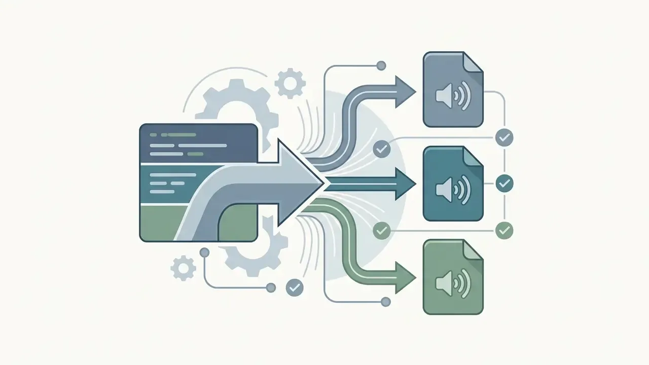 Arrows directing a central media file into three separate audio file formats for export