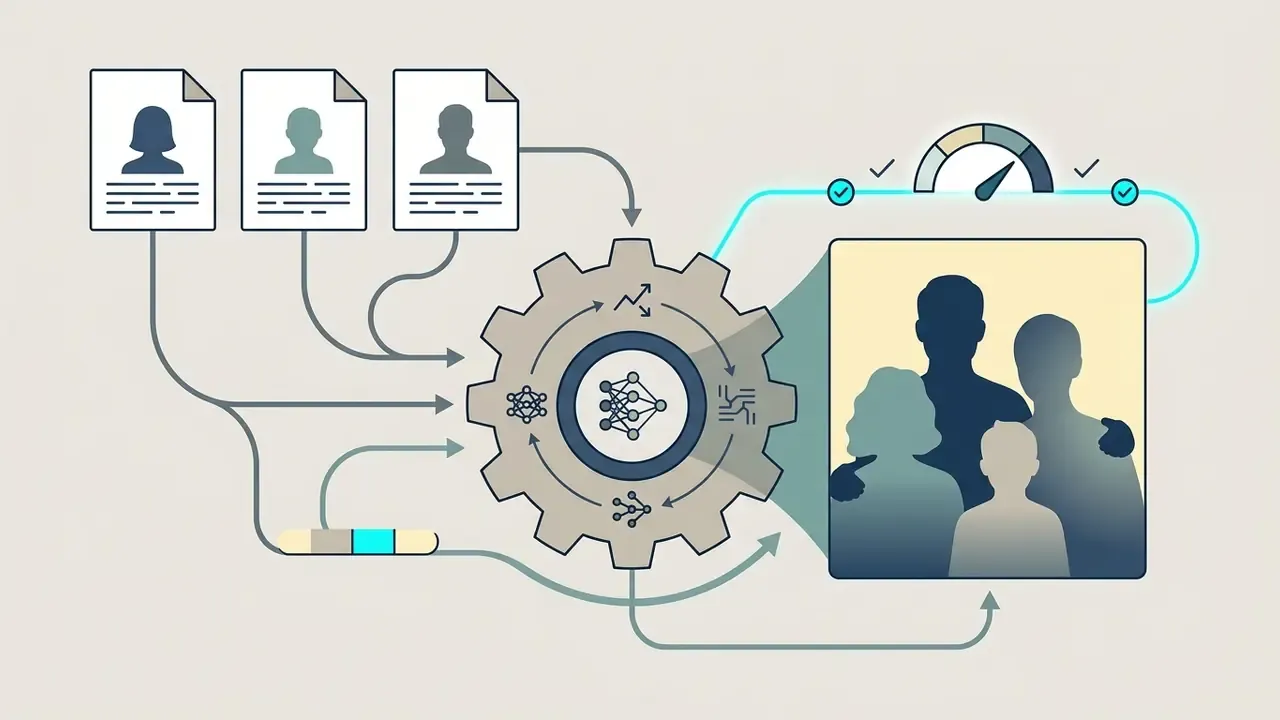 Diagram showing individual profile documents feeding into a central gear mechanism to produce a family portrait