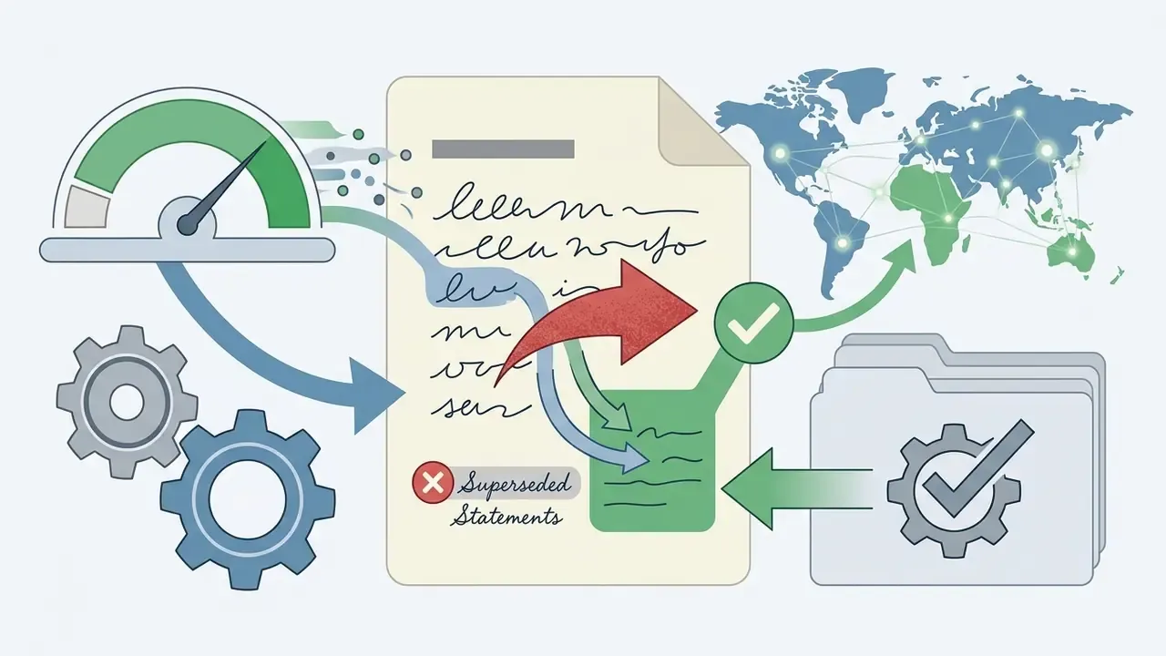 Document revision process showing a speed gauge, gears, and a world map connecting to updated records