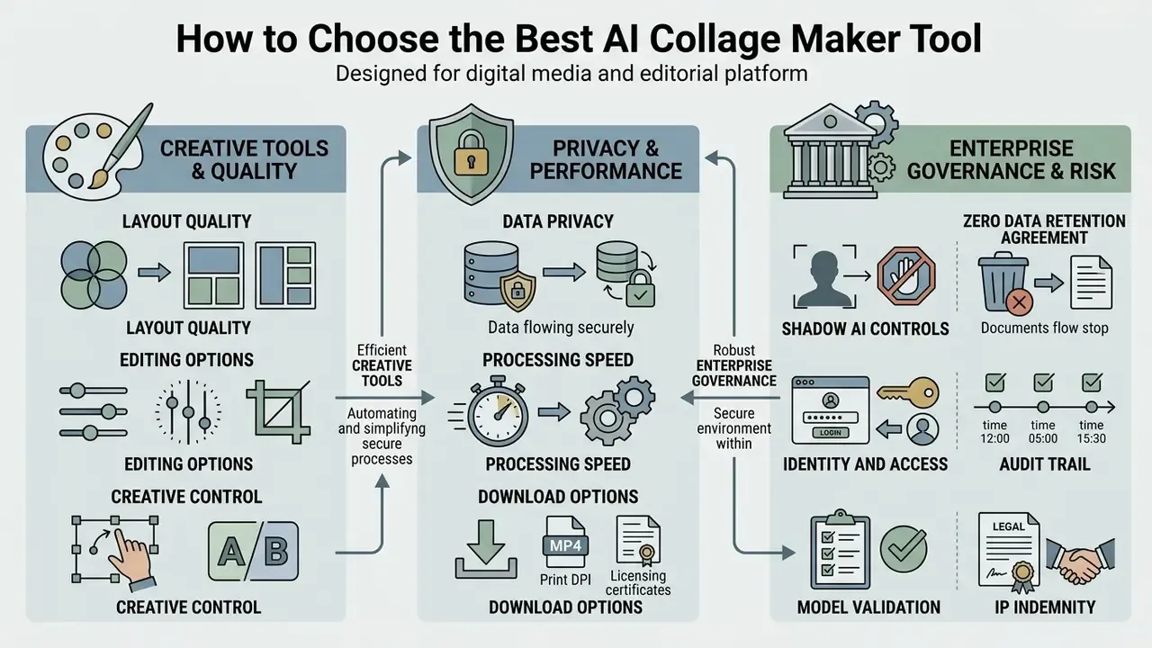 Infographic outlining criteria for creative quality, data privacy, and enterprise governance