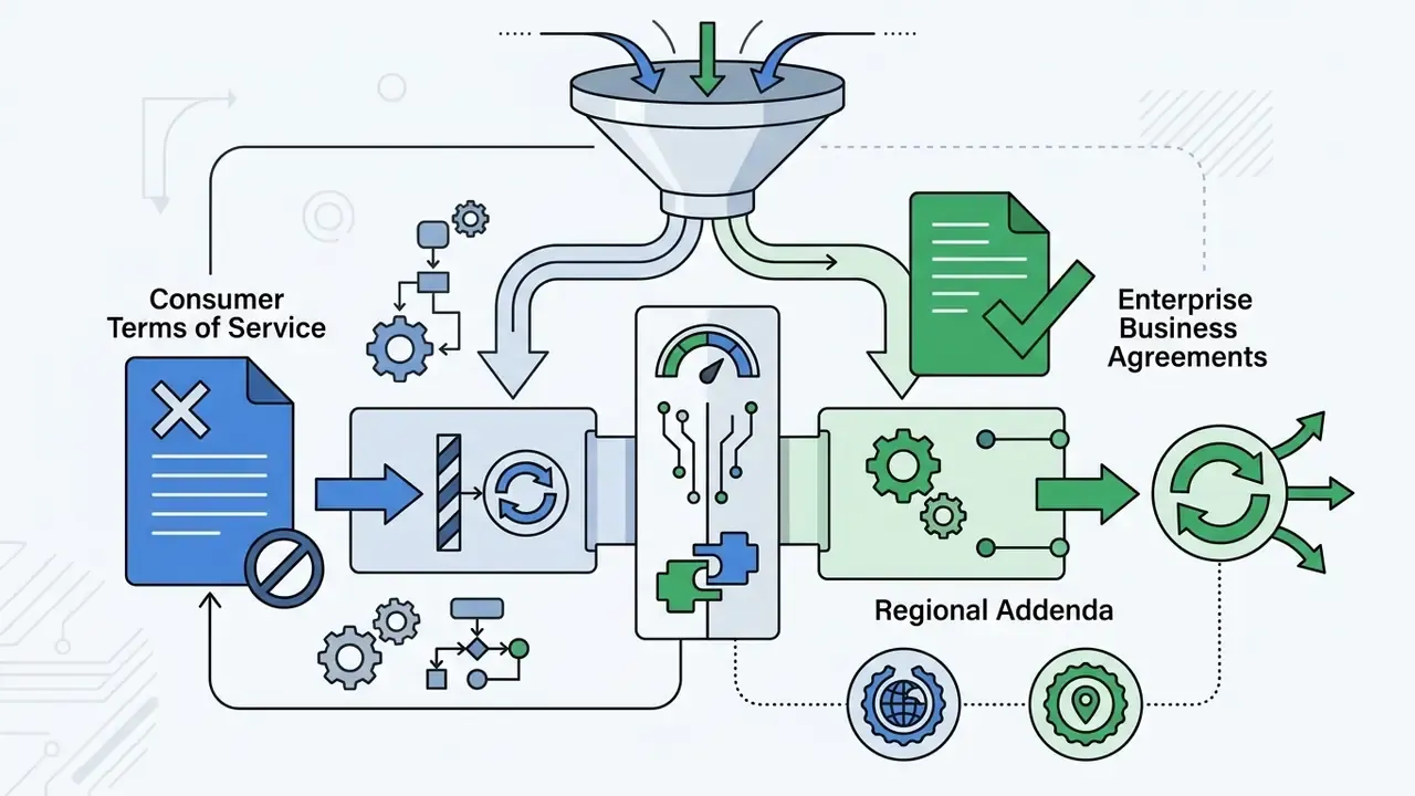 Funnel directing inputs into separate paths for consumer terms and enterprise agreements with regional addenda
