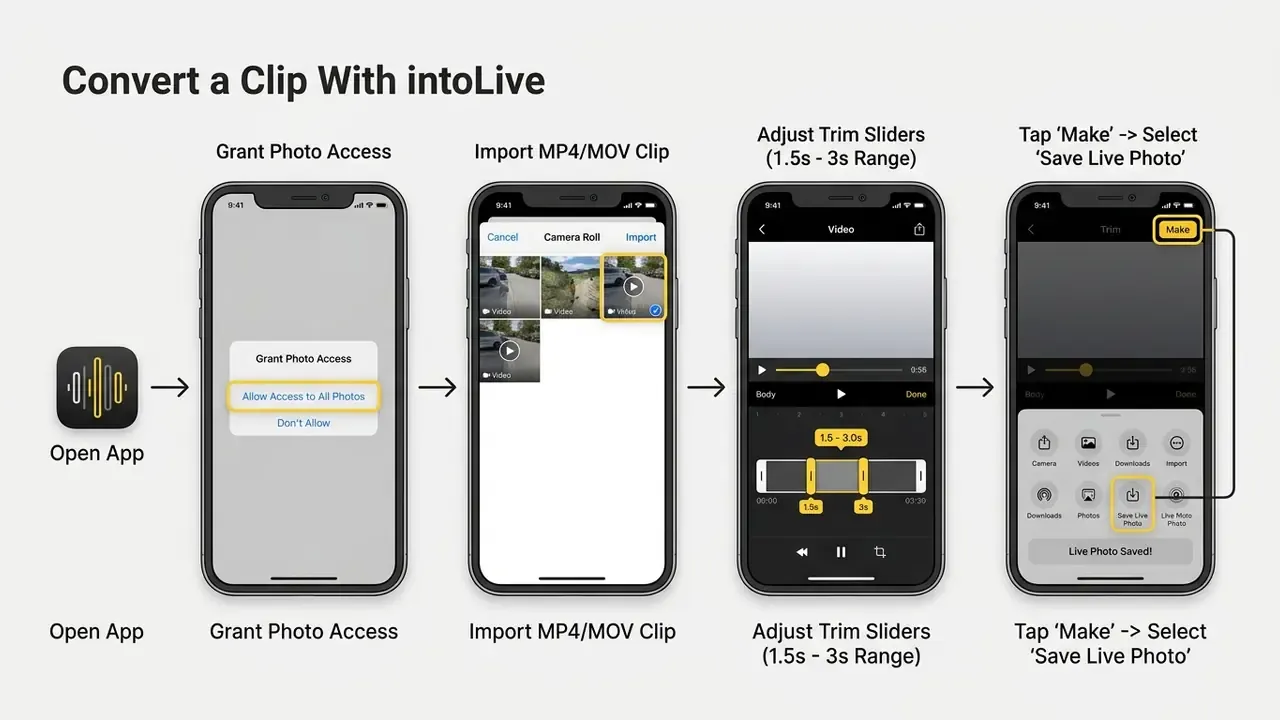 Mobile app workflow showing how to turn video into live photo by importing, trimming, and saving a clip