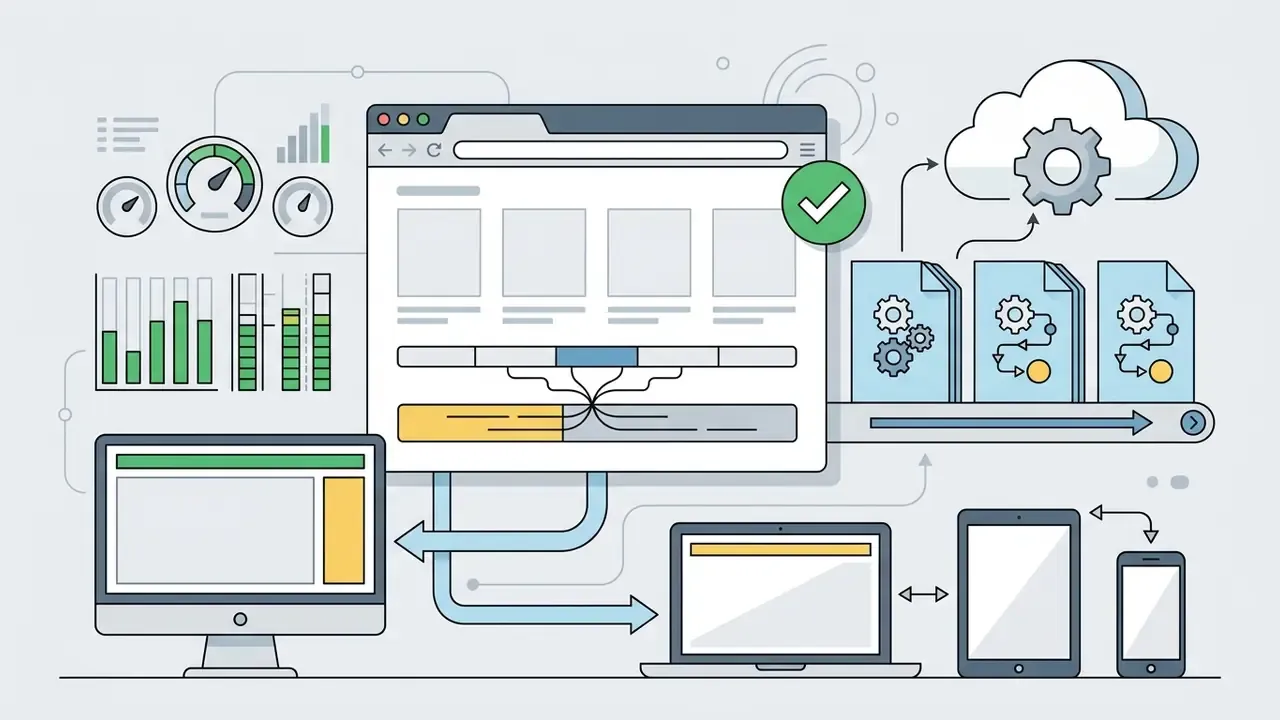 Web browser interface connected to cloud processing and multiple devices showing performance metrics
