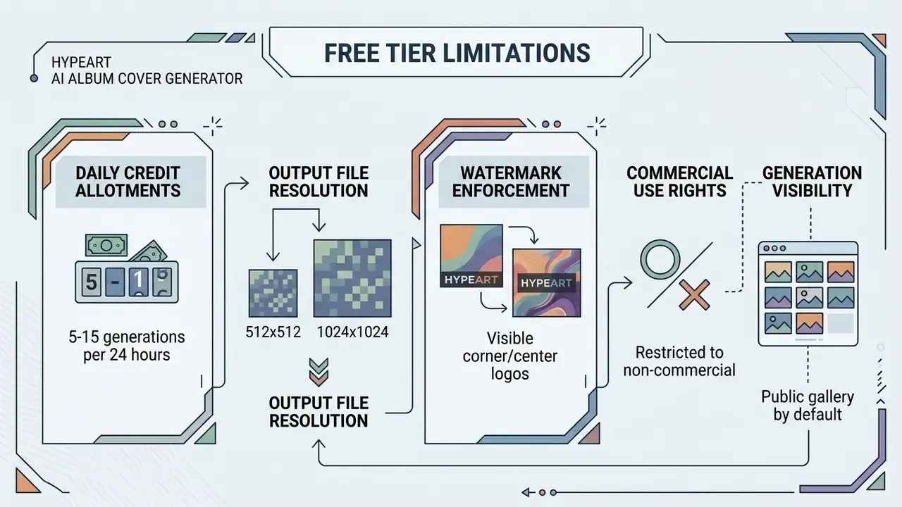 Infographic detailing free tier constraints including credit limits, resolution, watermarks, and usage rights