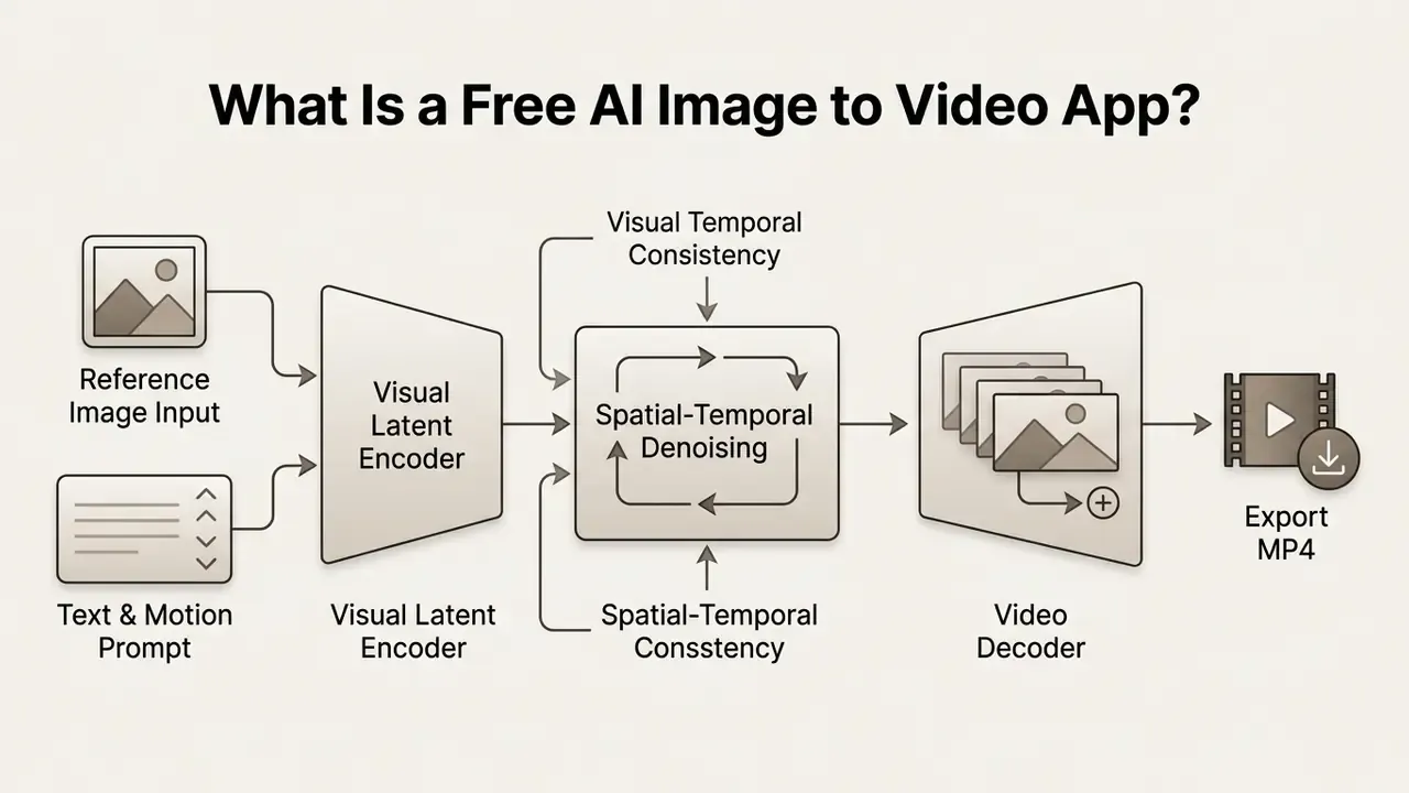 Flowchart showing image and text inputs processed through an AI encoder and denoiser into a video file