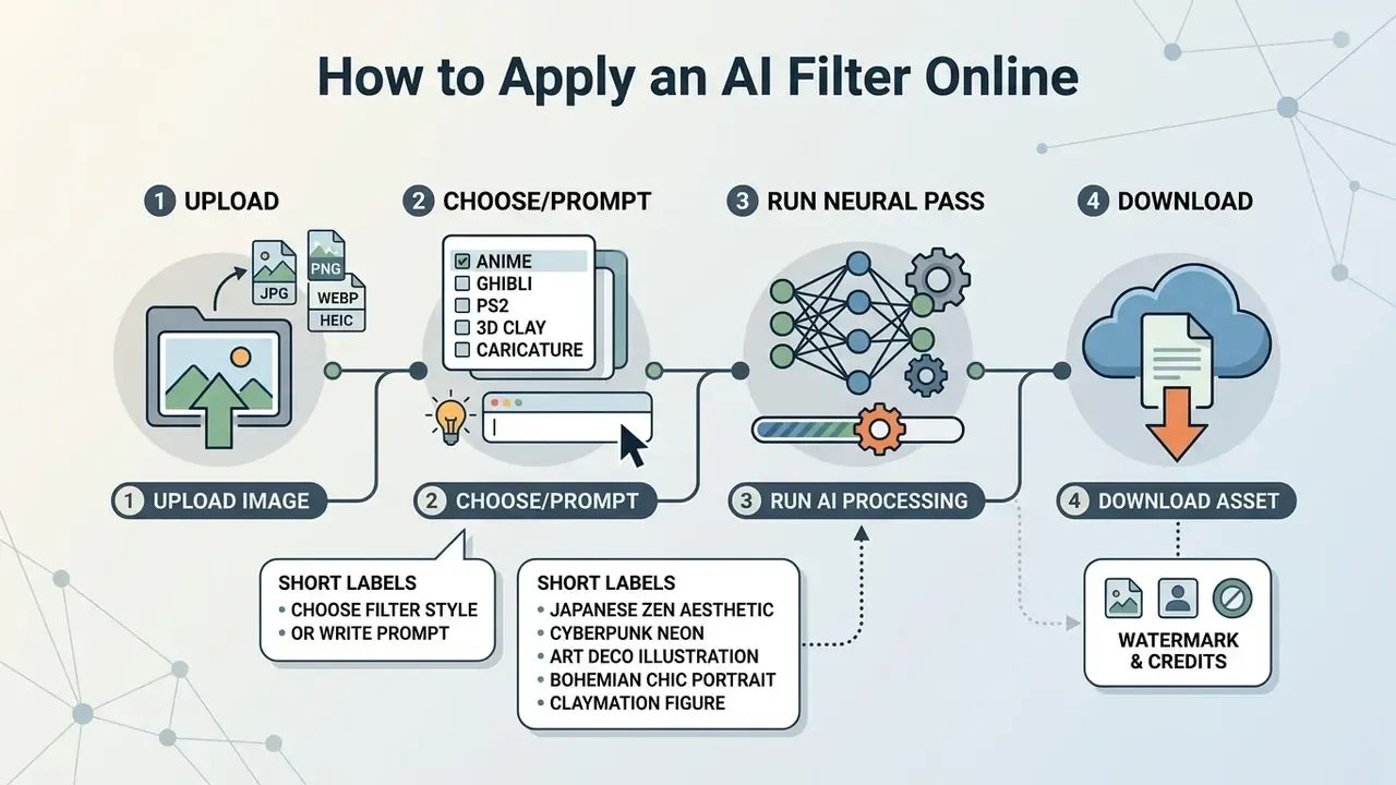 Four step diagram showing the process of uploading an image, selecting a style, processing, and downloading