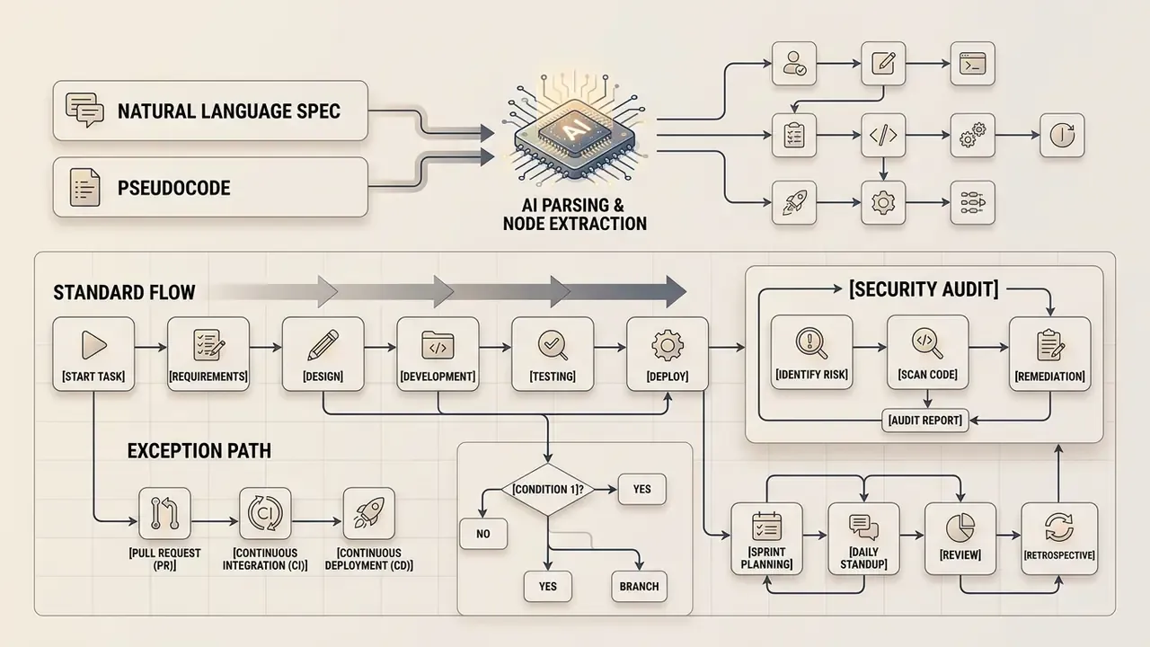 Visual representation of AI parsing inputs into complex development workflows and security audit paths