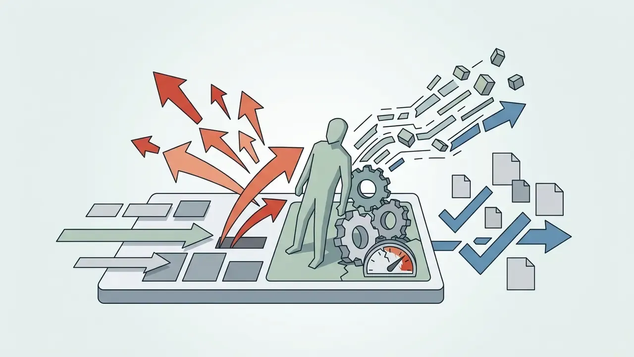 Human figure standing on a platform with gears and a speedometer amidst arrows and floating document icons