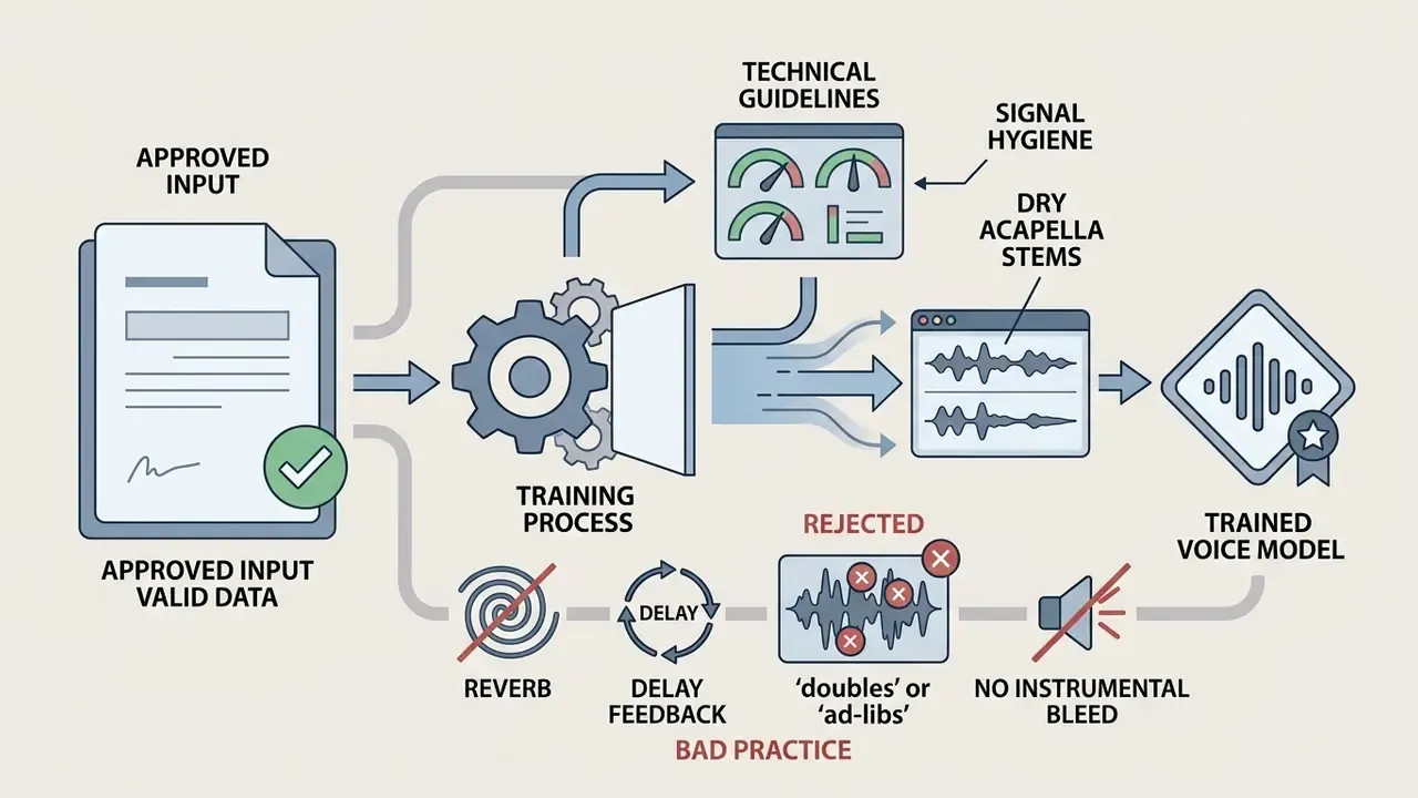 Flowchart showing valid audio data being processed into a clean model while rejecting noisy input