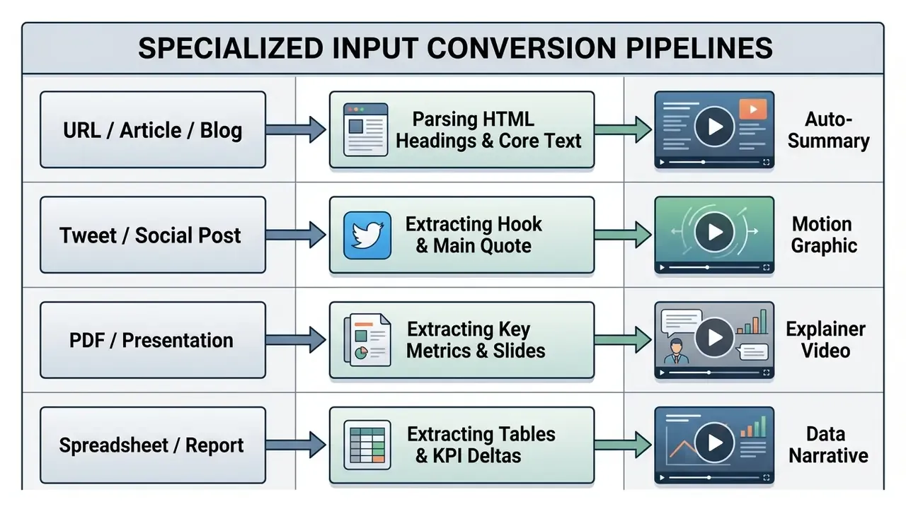Table showing how various digital inputs are parsed and transformed into specific video content formats