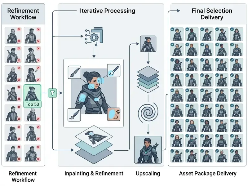 Diagram showing a multi-pass AI art workflow from initial variant filtering to inpainting and upscaling