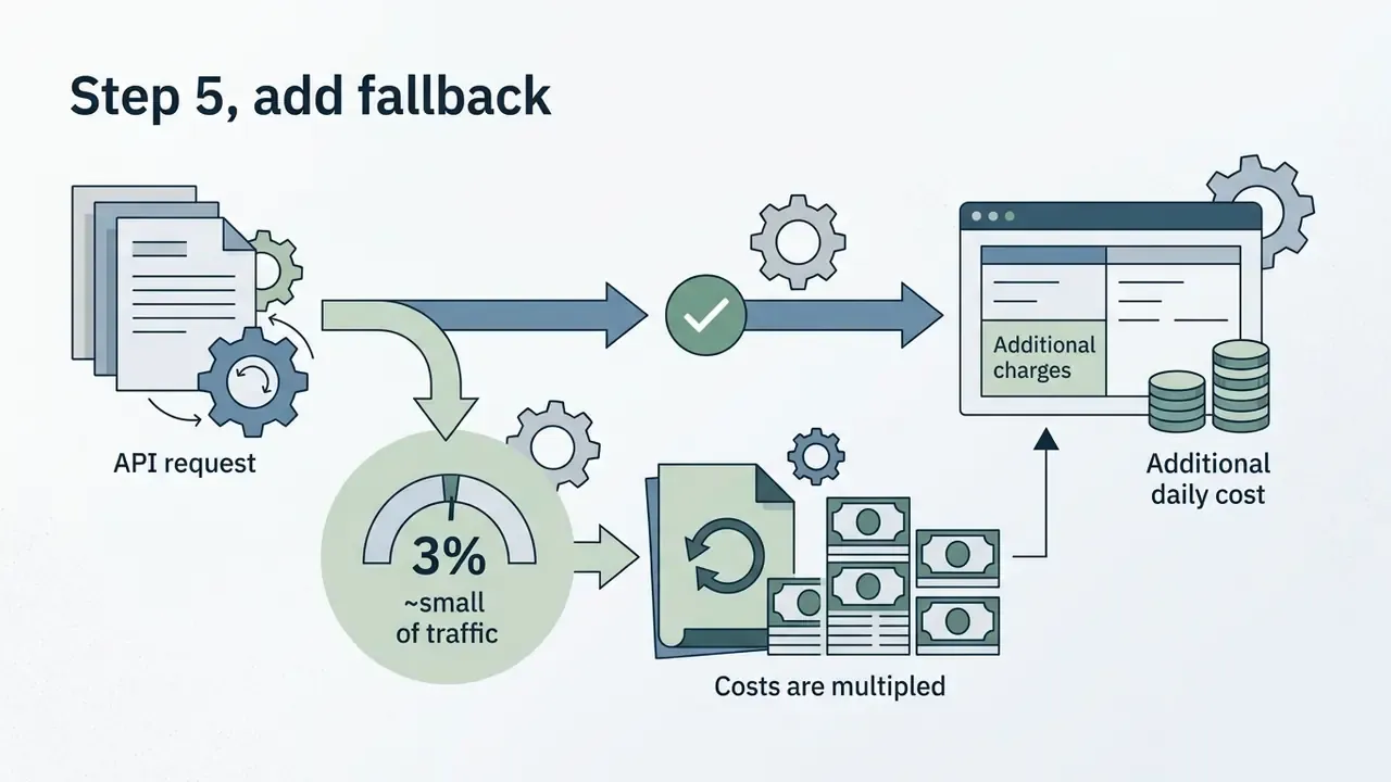 API requests branching into a fallback path with a percentage gauge and multiplied cost calculation