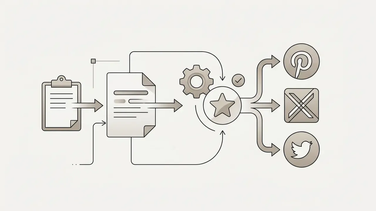 Clipboard and document icons feeding into a star gear mechanism that directs content to social media icons