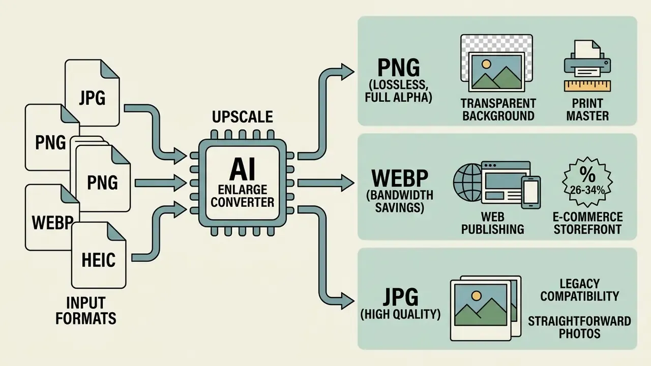 Diagram showing various file formats being processed into PNG, WebP, or JPG based on specific use cases