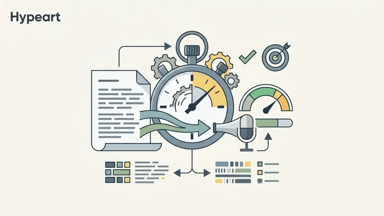 Document icon connected to a stopwatch, microphone, and gauge to measure script timing and pacing