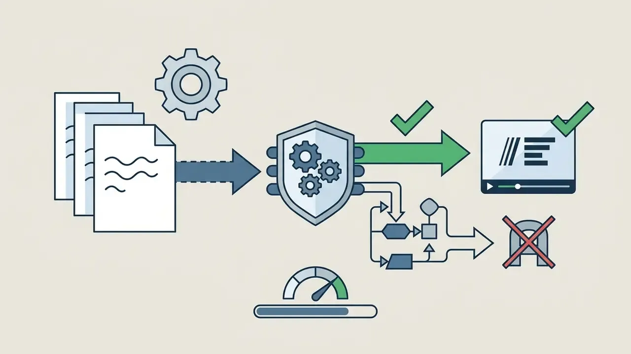 Documents flowing through a gear-shield processor into a video player with a cross-out symbol for errors