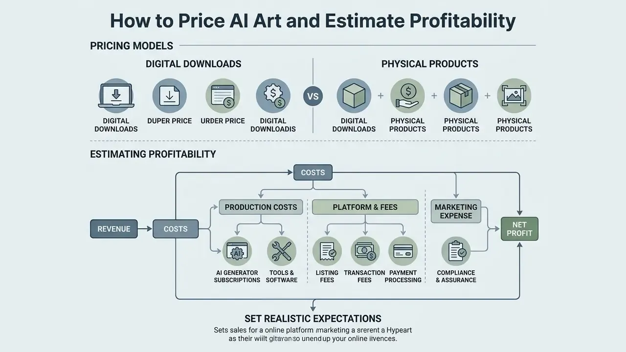 Infographic comparing pricing models for digital and physical art alongside a breakdown of profit costs