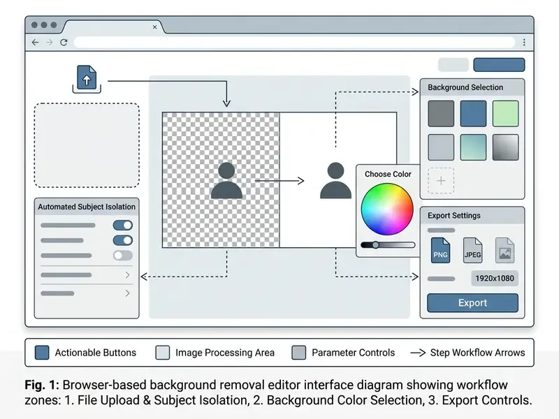 Web interface diagram displaying file upload, subject isolation, color selection, and export settings