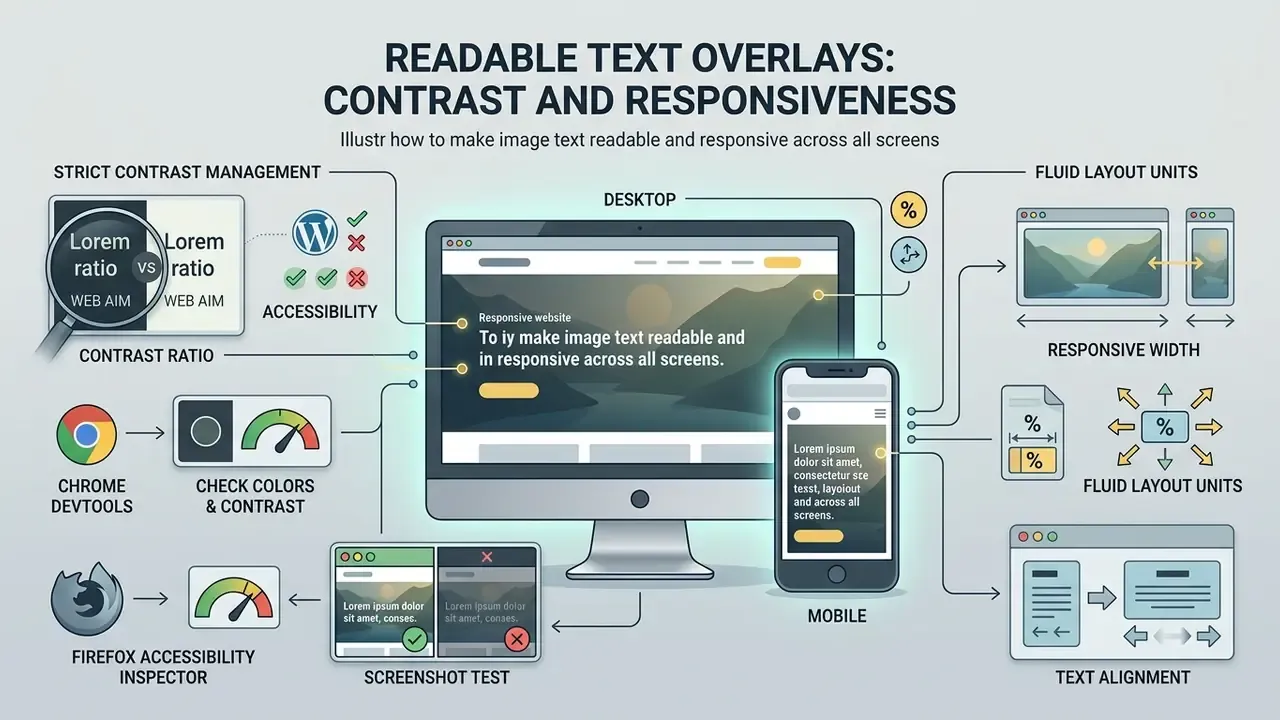Diagram showing contrast management and fluid layout units to make image text readable and responsive