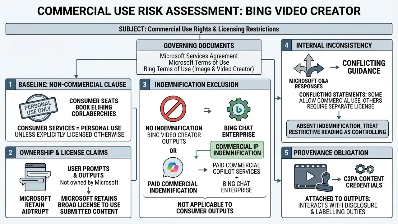 Flowchart outlining legal risks and licensing restrictions for commercial use of AI generated content