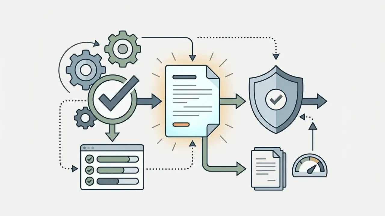 Process icons showing gears, a checklist, a legal document, and a shield representing license review