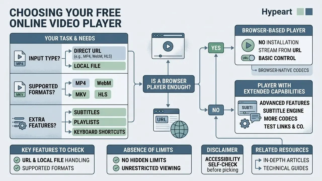 Decision flowchart comparing browser-based video players against those with extended capabilities