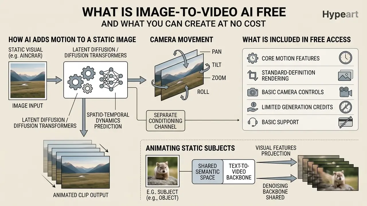 Diagram showing how image to video AI free tools process static photos into animated clips and camera moves