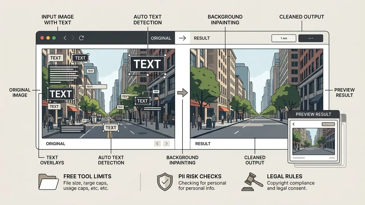 Split screen interface showing an original street image with text overlays and the clean final result