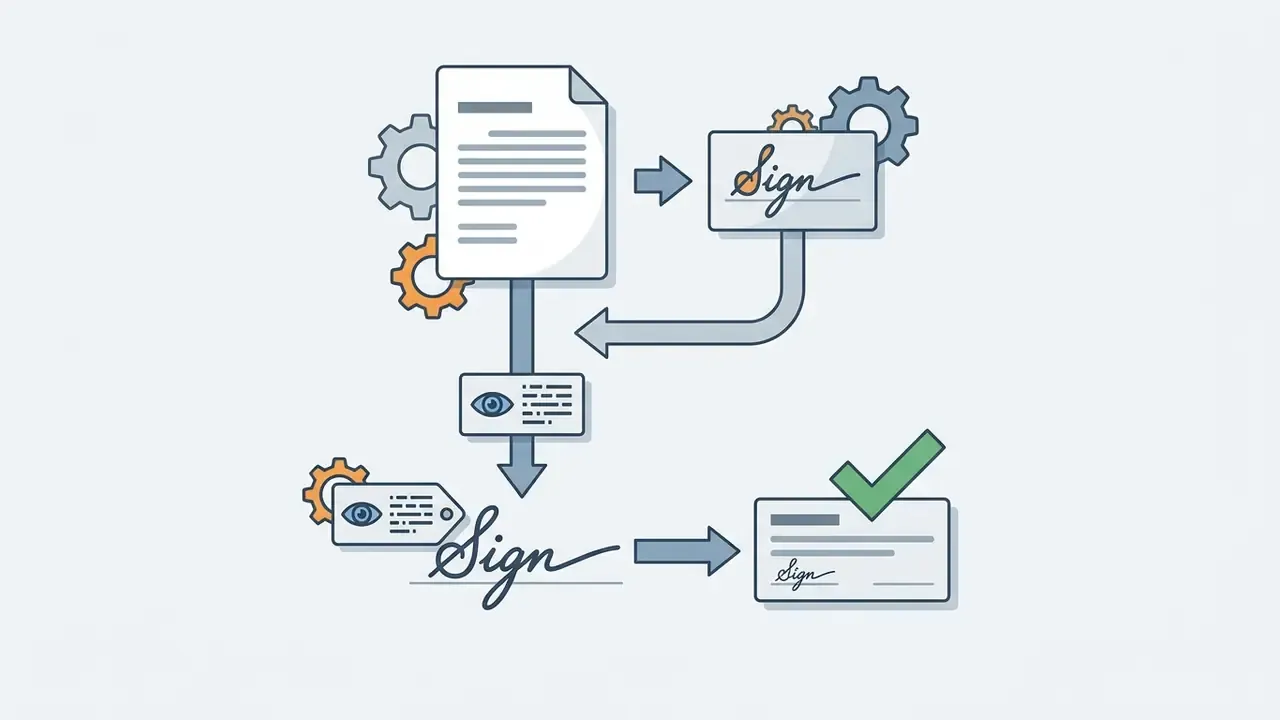 Document processing steps connecting signature graphics to metadata tags and final verified file output