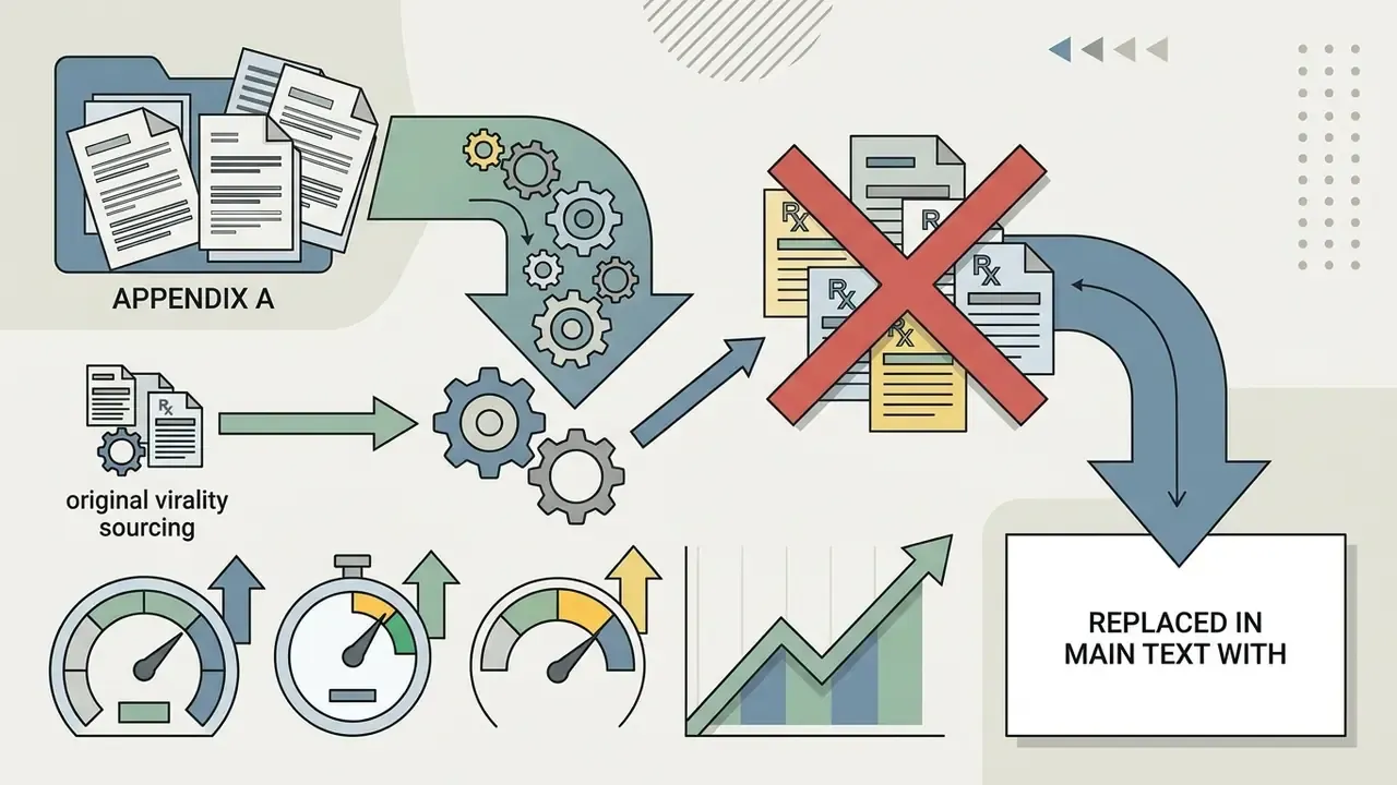 Flowchart showing document processing through gears to replace outdated research with new guidance