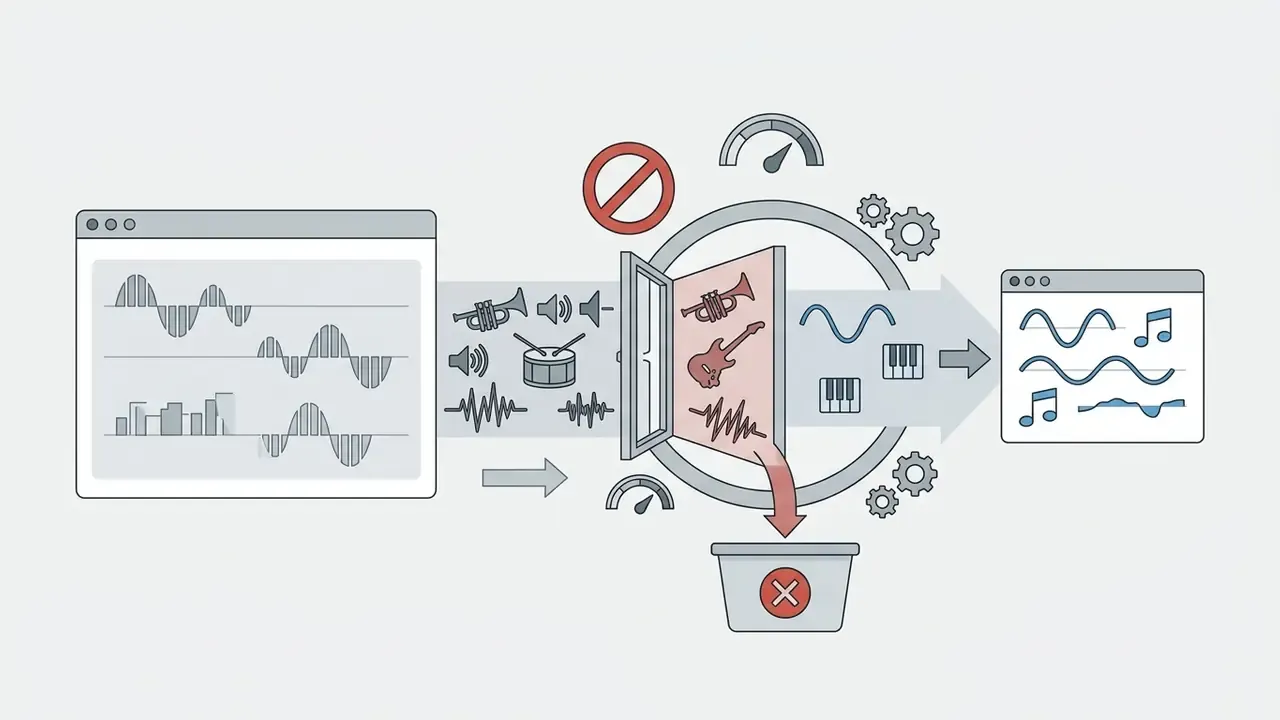 Musical instrument icons being filtered through a gate to remove unwanted sounds from an AI music generator