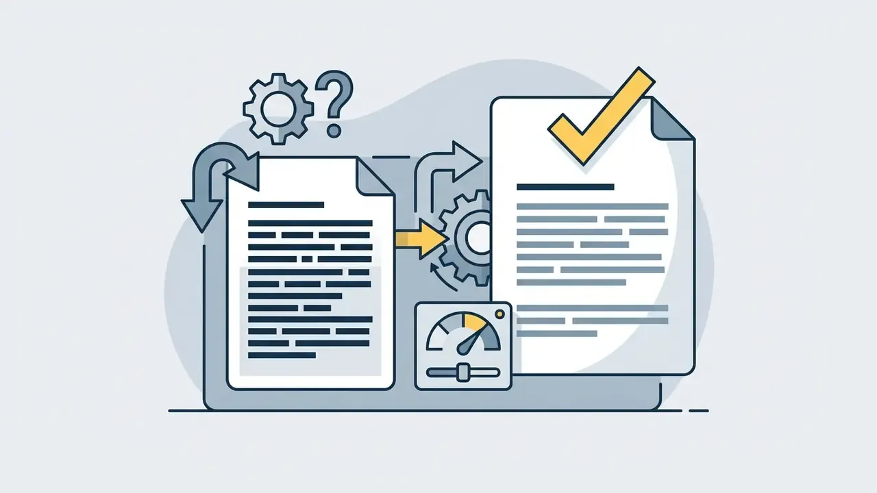 Document with a question mark and gear icon feeding into a gauge system to produce a checked final report