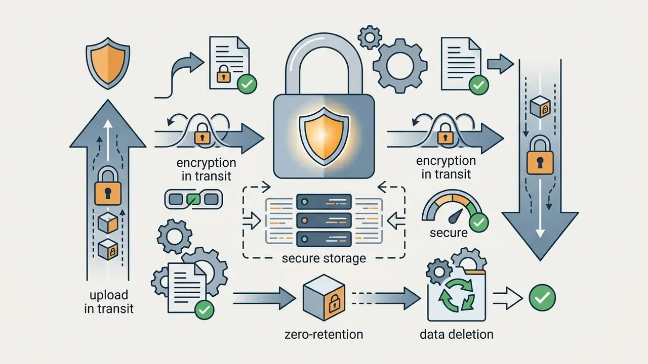 Diagram showing data encryption steps for upload, transit, and storage with a zero-retention deletion process