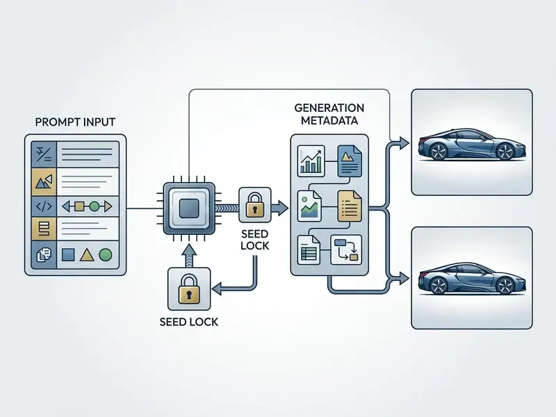 Diagram showing prompt input processed through a seed lock to generate consistent vehicle image outputs