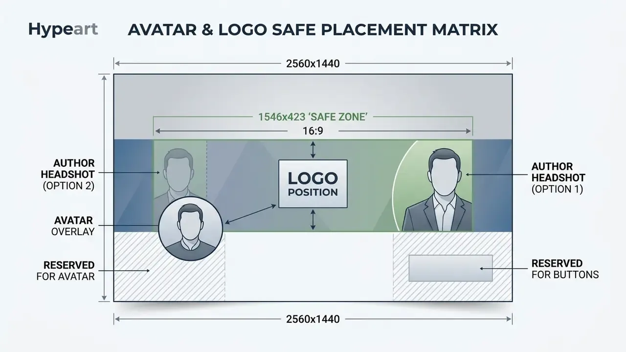 Layout guide showing recommended positions for logos, author headshots, and avatar overlays on a banner