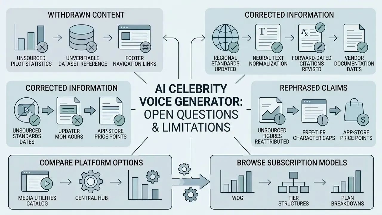 Diagram mapping withdrawn content, corrected information, and subscription models for synthetic audio tools