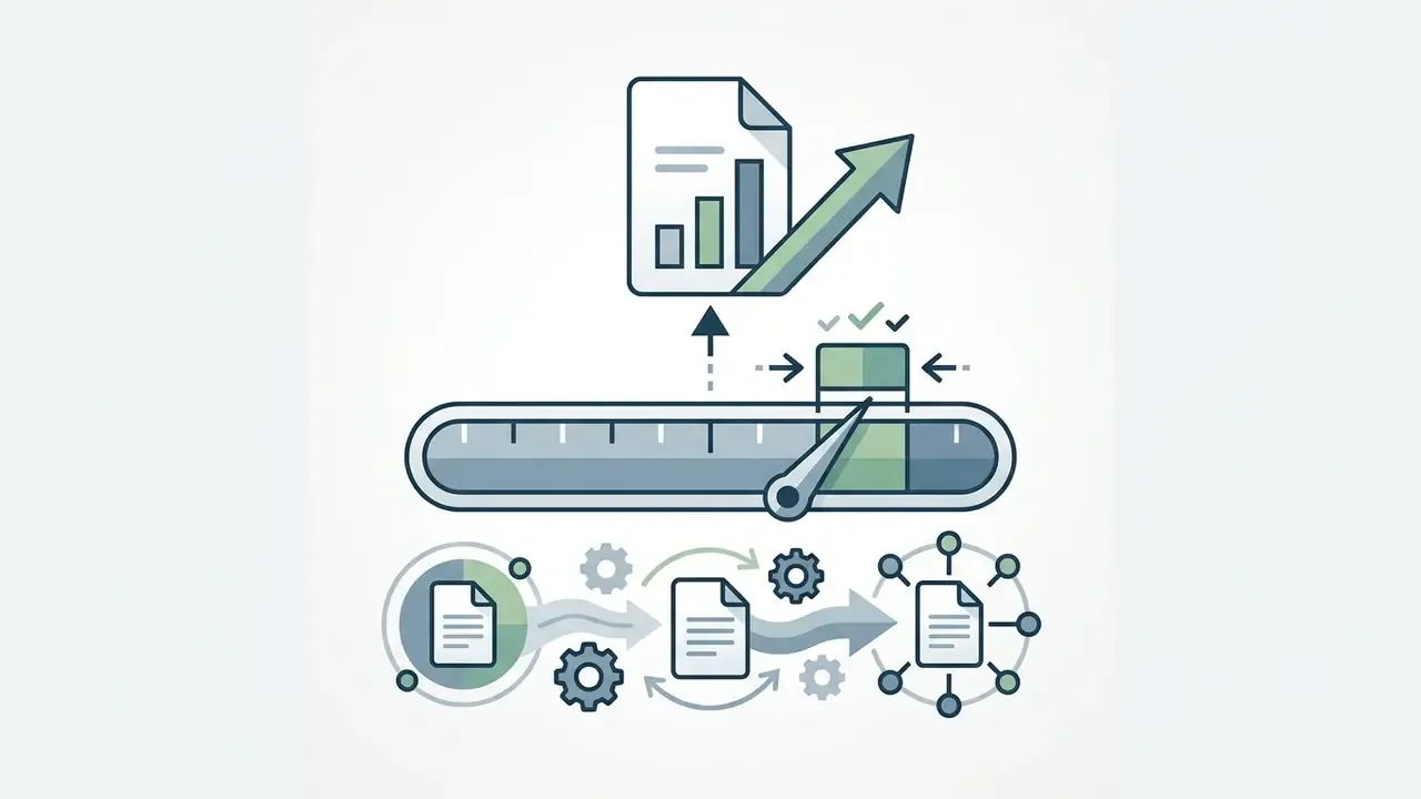 Document icon with an upward arrow and a gauge measuring file optimization and data processing flow