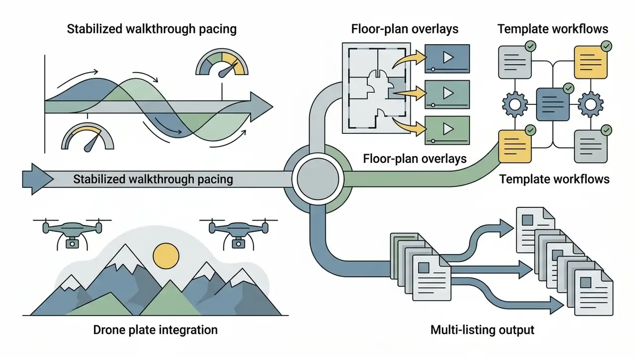 Real estate video production steps like walkthrough pacing, drone integration, and templates