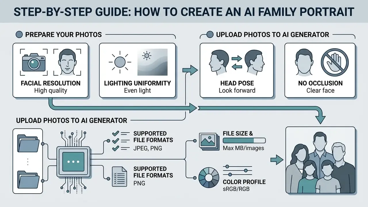 Flowchart detailing photo preparation and file requirements for an AI family photo generator