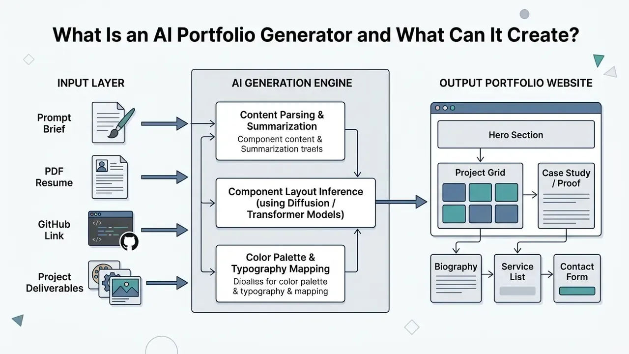 Diagram showing user input data processed by an AI engine to generate a structured portfolio website