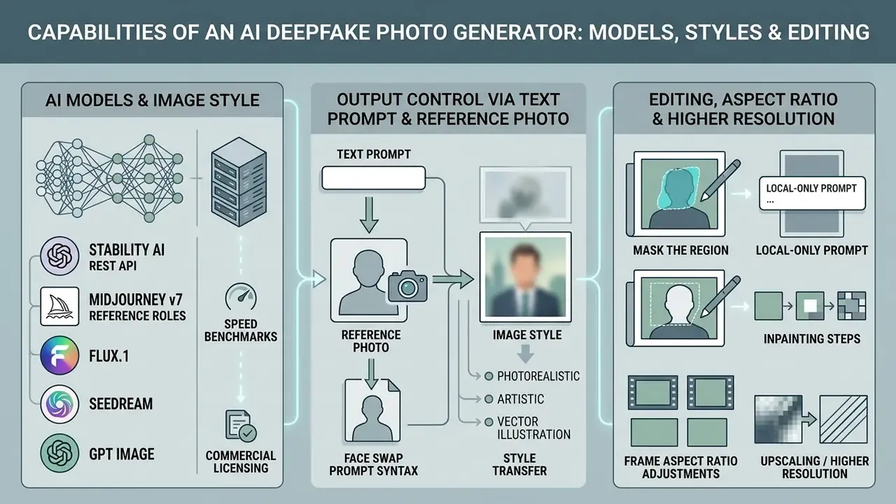 Infographic detailing generative model selection, prompt-based output control, and image editing workflows