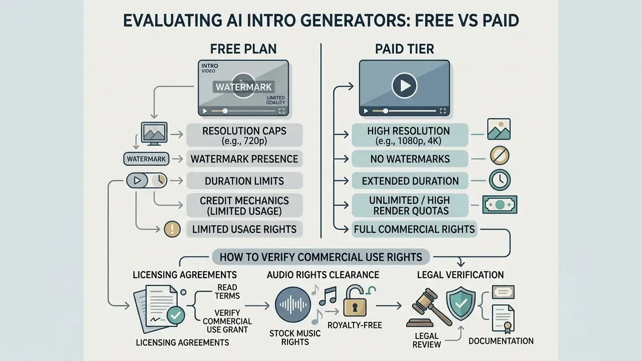 Comparison chart contrasting features of free and paid video plans alongside steps to verify usage rights