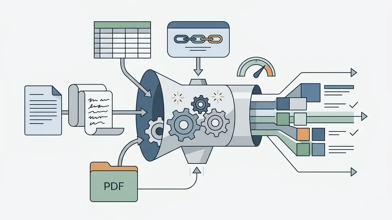 Various document types and URLs entering a funnel-shaped processor to generate structured slide content