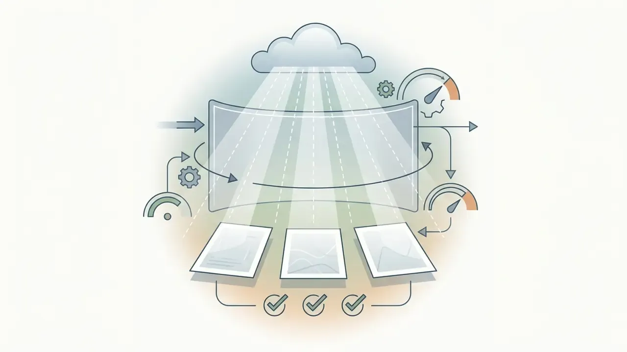 Cloud computing system projecting light onto three documents with performance gauges and checkmarks