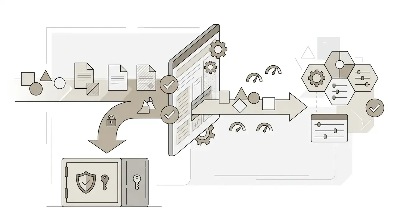Data files branching into a secure safe or moving through a tablet for further editing and processing