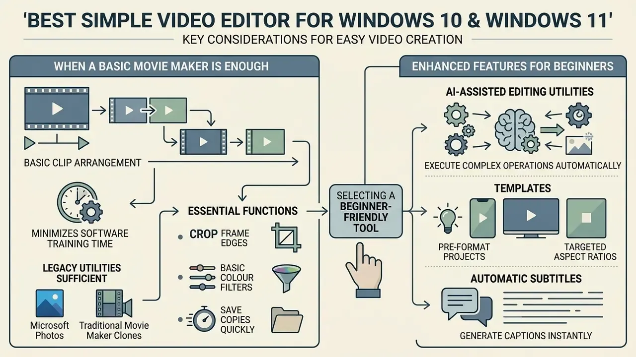 Diagram comparing basic clip arrangement and AI features for choosing a Windows video editor